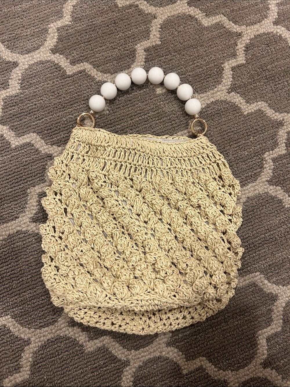 Cream Crochet Mini Bag with Beaded Handle